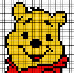 a cross stitch pattern with a yellow teddy bear wearing a red bow tie on it's neck