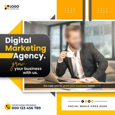 an advertisement for a digital marketing company with a man sitting at a desk in front of a laptop