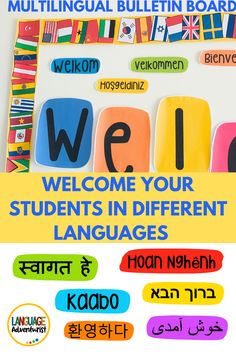 welcome students in different languages written in foreign and english on a bulletin board with multicolored letters