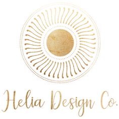 the logo for helia design co is shown in gold and white letters on a white background