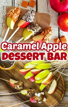 caramel apple dessert bar on a wooden platter