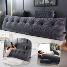 a woman laying on top of a bed next to a couch with rolled up pillows