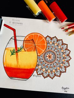 a drawing of a drink with orange slices and a straw in it next to crayons