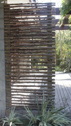 an outdoor area with a wooden fence and potted plants