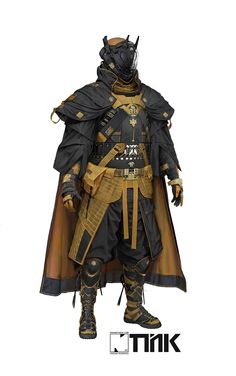 a man dressed in black and gold armor