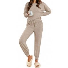 Fantaslook Womens Pajamas Sets Long Sleeve Top And Pant With Pockets Lounge Wear Set Oufits Womens lounge set designed with long sleeve tops, adding a casual and stylish style.The solid color and crew neck make womens pajamas sets more home leisure.The regular hem and long sleeve gives womens pajamas & loungewear a flattering and feminine fit.This pajama sets with cross stitching "X" design under the neckline makes you statement. Full length pajama pant with elastic waistband, features loose fit Shorts Outfit Casual, Outfit Sets For Women, Womens Lounge Set, Two Piece Loungewear, Womens Lounge, Lounge Wear Sets, Womens Matching Sets, Womens Loungewear Sets, Knit Lounge Set