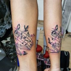 two tattoos with musical notes and birds on their legs, one is black and the other is pink