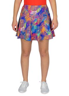 ABout this skirt #SwingStyle Palm fronds sway in the colors of shade--perfect for a summer afternoon or a trip to the islands! Deep-sea blue wicking undershorts carry two 6X6" pockets and a patented anti-ride guarantee! Store valuables in the 12" zippered waistband pocket that can be worn in the front or the back! Semi-circular skirt shape 4-way stretch fabric Wicking anti-microbial undershorts; 6 to 7.5” inseam (based on size) Undershorts carry a patented anti-ride guarantee for running and wal Relaxed Beach Skirt With Built-in Shorts, Casual Swim Skirt With Built-in Shorts, Casual Mini Skirt With Built-in Shorts, Casual Tennis Skirt With Built-in Shorts For Beach, Beach-ready Summer Skort With Flared Skirt, Summer Beach Flared Skort, Flared Skort For Beach In Summer, Casual Flowy Short Swim Skirt, Casual Flared Tennis Skirt With Elastic Waistband