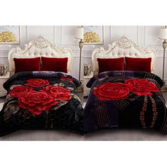 two beds covered in red and black comforters