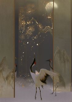 two cranes are standing in front of a mirror and some lights on the wall behind them