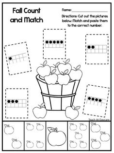 an apple themed worksheet for fall count and match