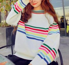 Ulzzang Baddie, Dress Outfits Design, Baddie Asian, Kawaii Sweaters, Stripe Knit Sweater, Pastel Sweater, Stripes Sweater, Glitter Rainbow, Egirl Outfits