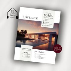 a brochure for a real estate with a pool in the foreground and an image of a house