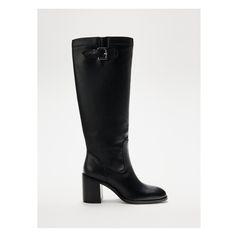 Block heel boots. Tall shaft. Buckle detail at the top of the shaft. Pointed toe. Heel height: 3 inches (7.5 cm) Joggers Shoes, Boots Tall, Knee High Heels, Waistcoat Dress, High Heel Boots Knee, Cargo Shirts, Trench Jacket, Block Heel Boots, Black Boots Women