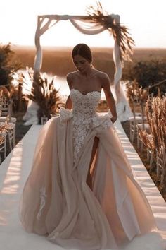 Ballbella Fabulous Champagne Tulle Wedding Gowns With Slit Lace Sleeveless-Ballbella Champagne Wedding Gown, Champagne Wedding Dress Lace, Boho Bride Dress, Rustic Beach Wedding, Wedding Dress Champagne, A Wedding Dress, Champagne Wedding, Long Sleeve Wedding, Long Wedding Dresses