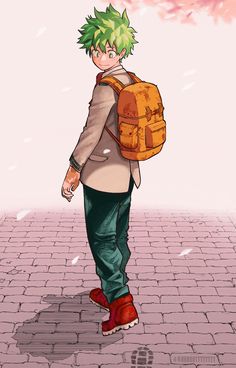 an anime character with green hair is walking down the street wearing a backpack and red shoes