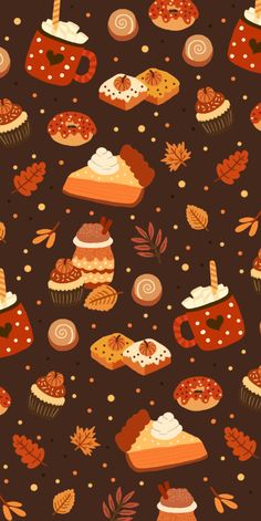 a brown background with cupcakes, leaves and other things on it's surface