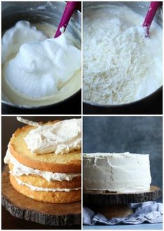 four pictures showing different types of cake and frosting