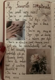 a hand holding up a notebook with writing on it and pictures of flowers in the pages