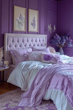 a bedroom with purple walls and white bedspread on the bed is decorated in lavender hues