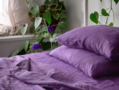 a bed with purple sheets and pillows on top of it next to a potted plant