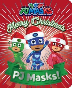 the pj masks christmas card is shown with three characters in santa hats and green ribbon