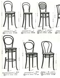 four different types of chairs are shown in black and white, with measurements for each chair