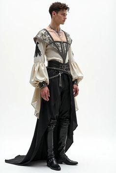 Neo Medieval Fashion, Dnd Dancer Outfit, Fancy Boho Outfits, Dnd Ballroom Outfit, Cassock Aesthetic, Elven Fashion Male, Moon Outfit Male, Medevial Aesthetic Outfit, Couples Ren Faire Outfits