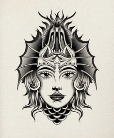 a black and white drawing of a woman's face with horns on her head