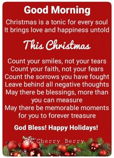 a christmas card with the words, good morning and merry holidays written in red on it