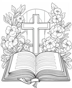 an open book with flowers and a cross