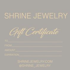 a gift certificate with the words shine jewelry in gold and silver on a gray background