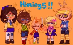 five cartoon characters standing next to each other with the words missing 5 in front of them