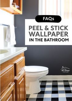 a bathroom with black and white checkered flooring, wood cabinets, and walls