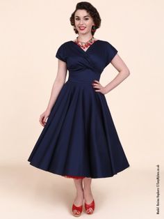 Grace Navy Sateen from Vivien Holloway Navy Vintage Dress, Elegant Navy Full Skirt, Navy Retro Formal Dress, 1940s Blue Dress, Wrap Over Top, Blue 1940s Dress, Rock N Roll Dress, Circle Dress, Full Circle Skirts