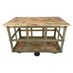 an old wooden cart with wheels and shelves on it's sides, isolated against a white background