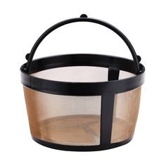 a black basket with mesh inside on a white background, it has a handle for the top