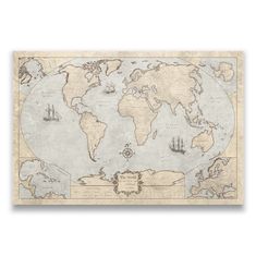 an old world map with ships on it