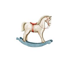 a watercolor drawing of a rocking horse on a white background with blue and red accents