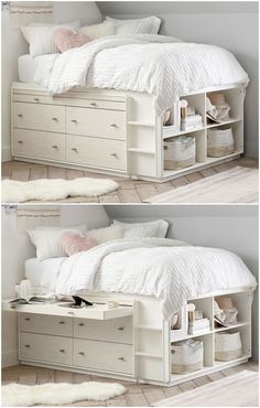 two pictures of a bed with drawers underneath it and the bottom one has a white bedspread