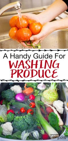 a person washing vegetables in a sink with the words a handy guide for washing produce