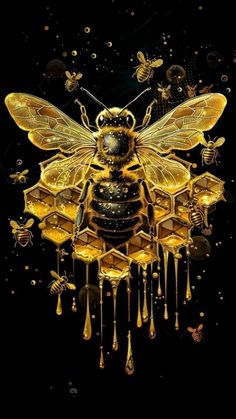 a bee with honey dripping from it's wings and bees on the back ground