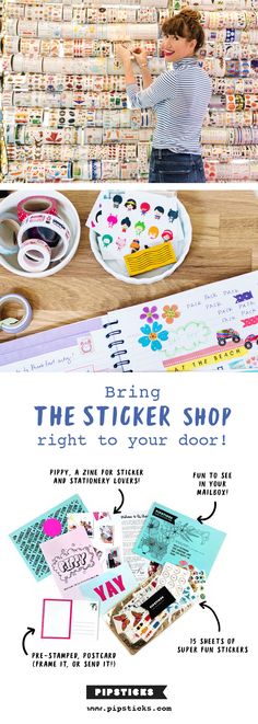 an advertisement for the sticker shop with two women working on their crafting supplies