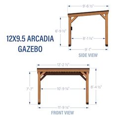 the measurements for an outdoor table and bench are shown in three different sizes, including one with