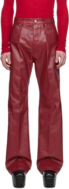 Wide-leg coated stretch denim jeans. · Low-rise · Belt loops · Five-pocket styling · Button-fly · Creased legs Supplier color: Cardinal red Red Leather Pants, Denim Cargo Pants, Jeans Belt, Rick Owens Men, Color Fuchsia, Cut Jeans, Rick Owens, Online Shopping Clothes, Luxury Streetwear