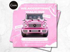 a pink mercedes benz advertisement on a white marble background with the words we accepting walking tour