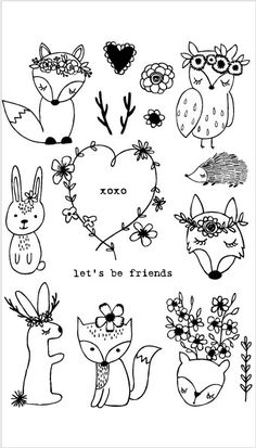 a black and white drawing of animals with flowers in the shape of a heart that says, let's be friends