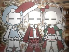 three cartoon characters wearing christmas clothes and hats, standing next to each other in front of a brick wall