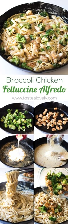 broccoli chicken fettuccine alfredo is being cooked in a skillet