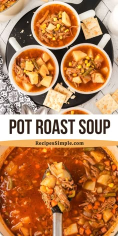 the recipe for this pot roast soup is ready to be eaten and served in bowls